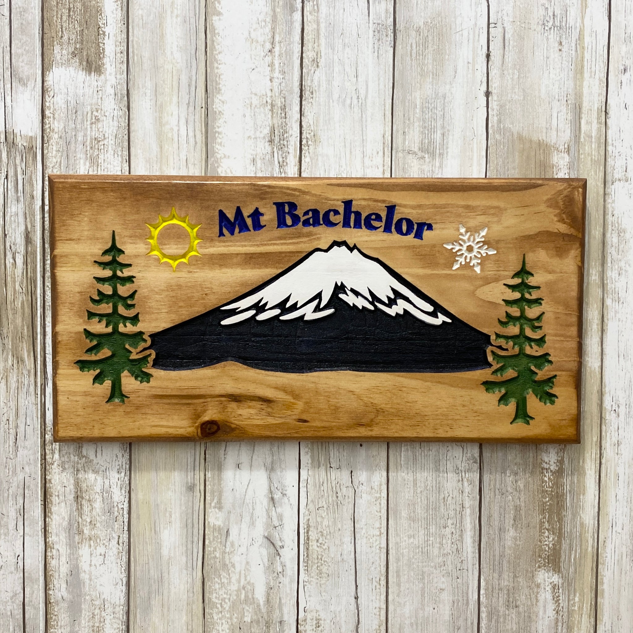 Mt. Bachelor mountain - Carved Pine Wood Wall Hanging Sign