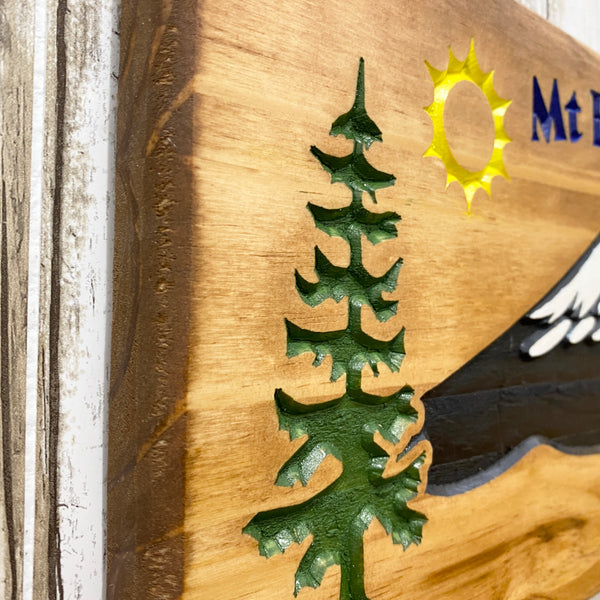 Mt. Bachelor mountain - Carved Pine Wood Wall Hanging Sign