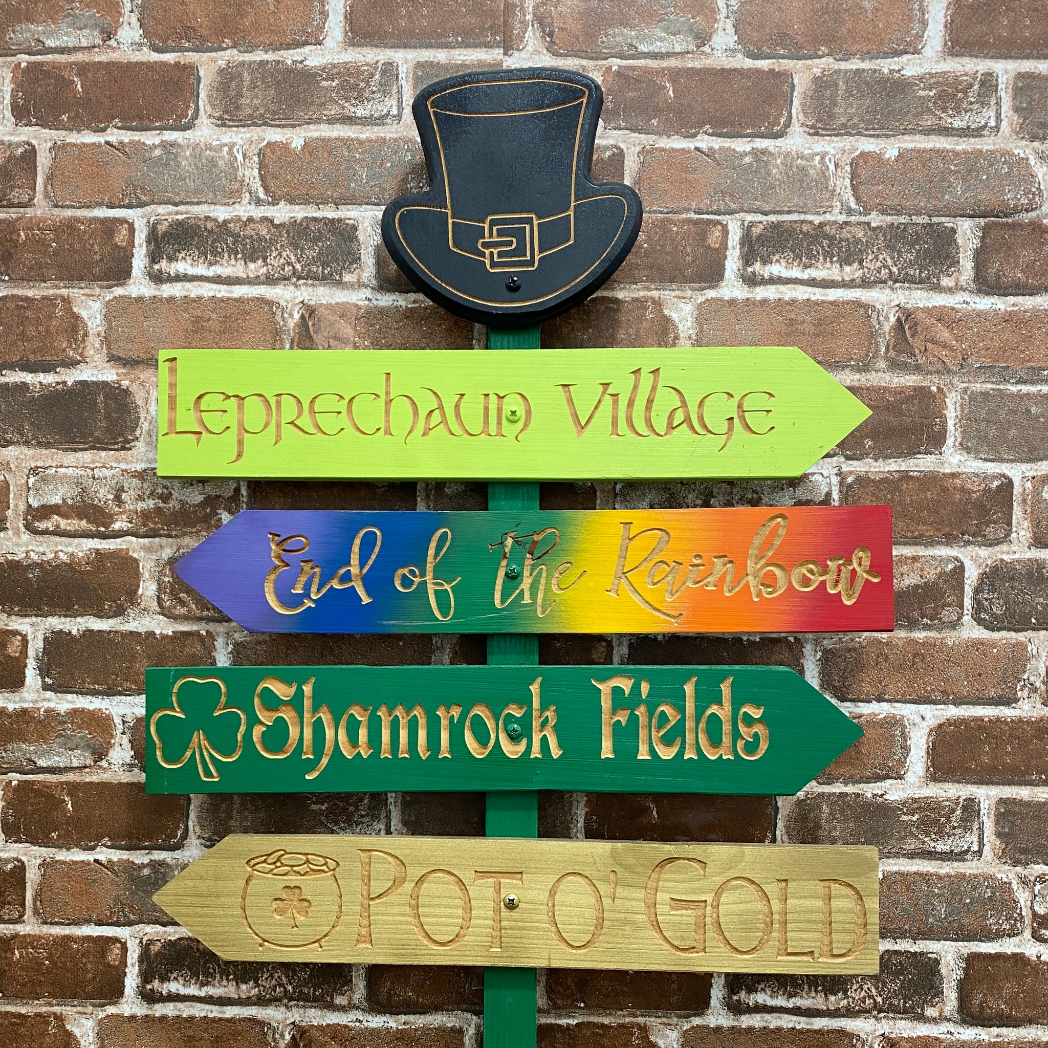 St Patrick's Patties Directional Yard Sign - Leprechaun Carved Cedar Wood