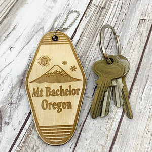 Sunriver or Mt Bachelor Retro Motel Style Keychain - Laser Engraved Baltic Birch Wood