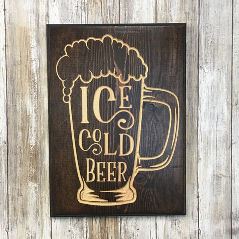 Ice Cold Beer Mug Sign - Carved Pine Wood