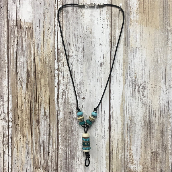 Southwestern Flair Turquoise Lampwork Glass Leather Necklace