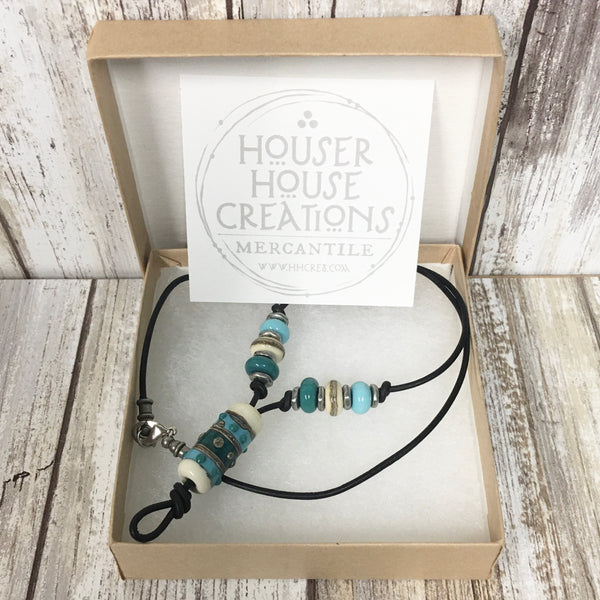 Southwestern Flair Turquoise Lampwork Glass Leather Necklace