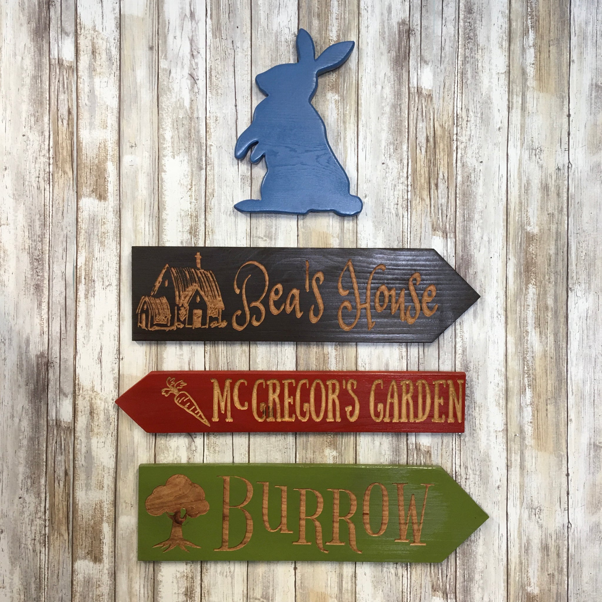 Peter Rabbit Direction Signs - Carved Cedar Wood Decor
