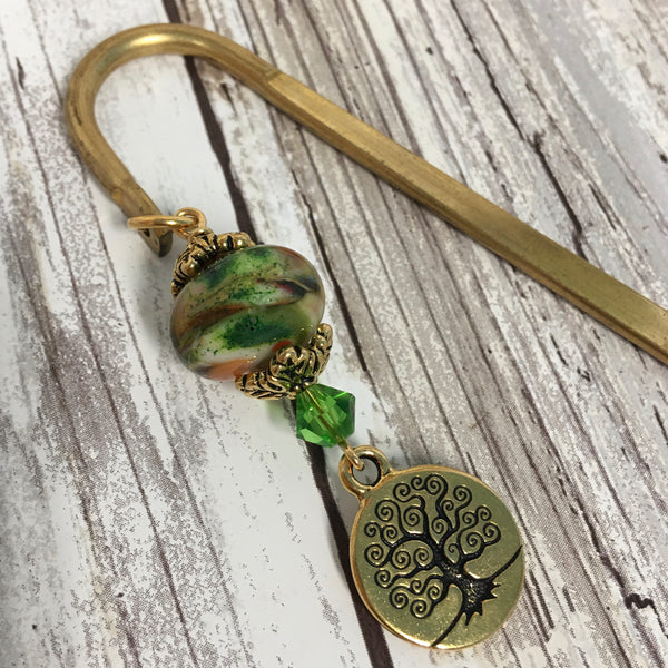 Tree of Life Bookmark - Brass with Handmade Lampwork Bead & Gold Charm