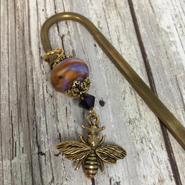 Queen Bee Life Bookmark - Brass with Handmade Lampwork Bead & Gold Charm