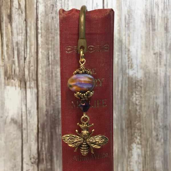 Queen Bee Life Bookmark - Brass with Handmade Lampwork Bead & Gold Charm