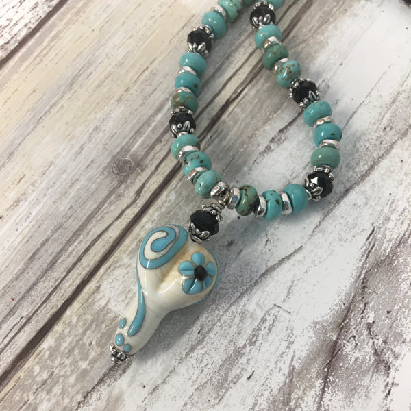 Floral Swirl Turquoise Heart Lampwork Glass & Stone Necklace