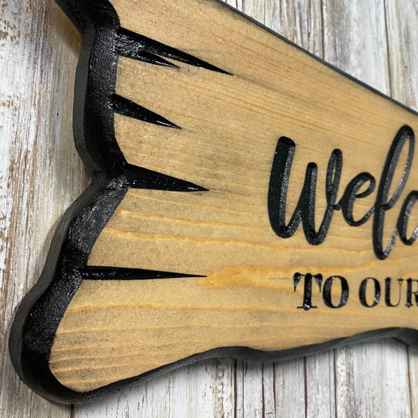 Welcome to Our Cabin Log Wall Hanging Sign - Engraved Pine Wood