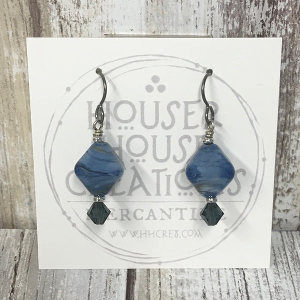 Denim Blue Lampwork Glass & Swarovski Earrings