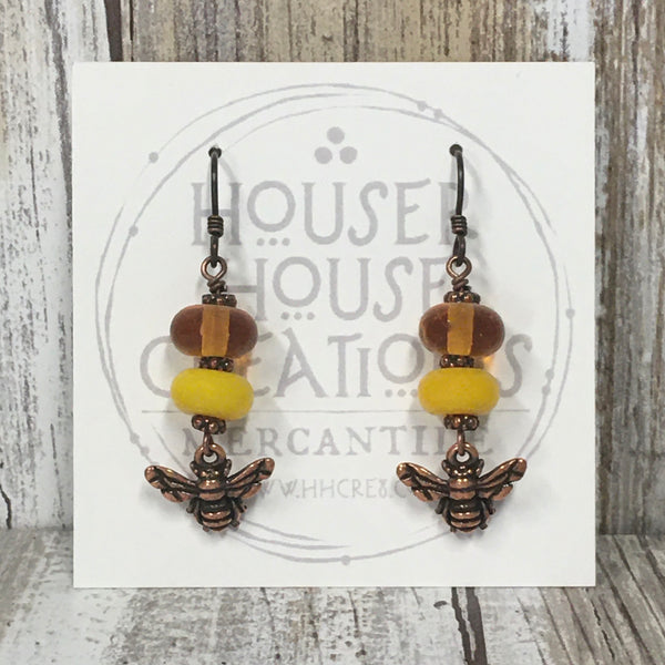Copper Honeybee Lampwork Glass Earrings