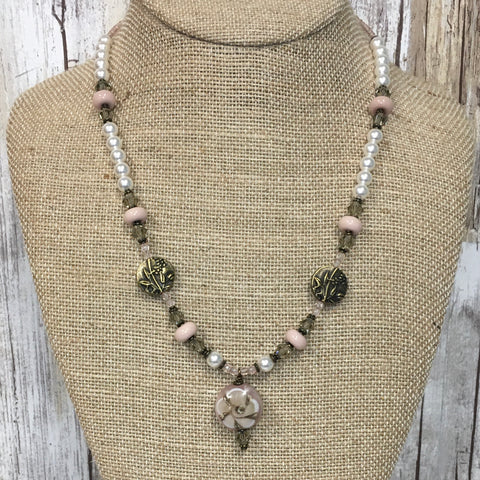 Vintage Posey Lampwork Pearl & Brass Necklace