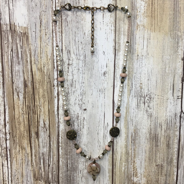Vintage Posey Lampwork Pearl & Brass Necklace