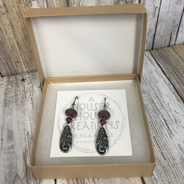 Flower Teardrop Purple Lampwork Glass with Swarovski Crystal Earrings