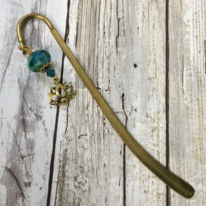 Lotus Flower Bookmark - Brass with Handmade Lampwork Bead & Gold Charm