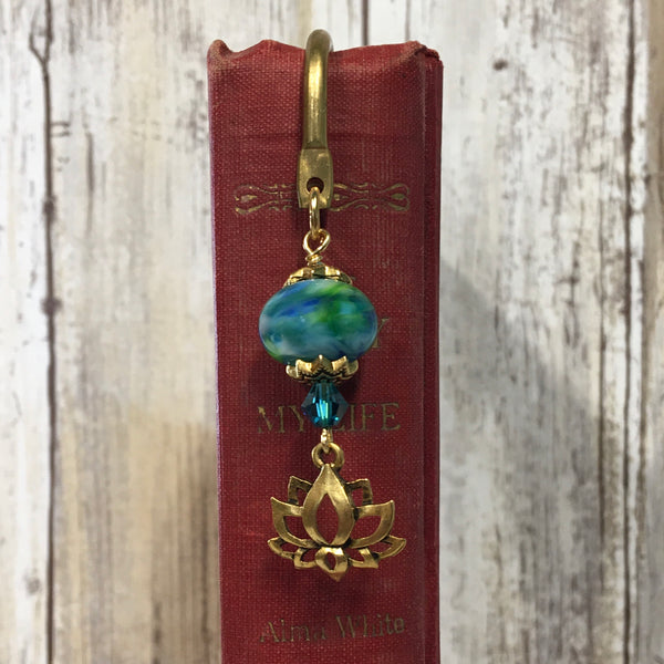 Lotus Flower Bookmark - Brass with Handmade Lampwork Bead & Gold Charm