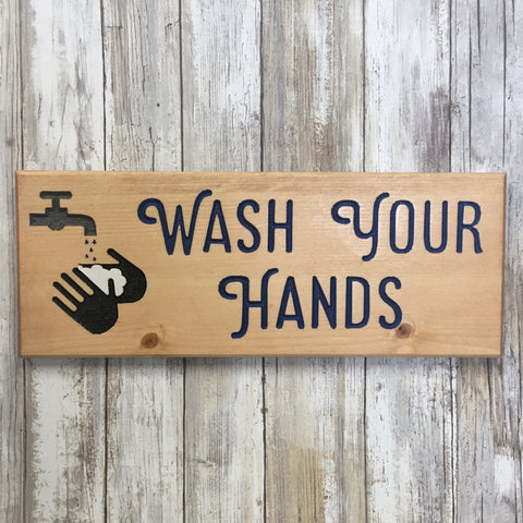 Wash Your Hands Sign - Carved Pine Wood