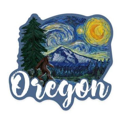 Oregon Bigfoot Starry Night Vinyl Sticker - by Lantern Press