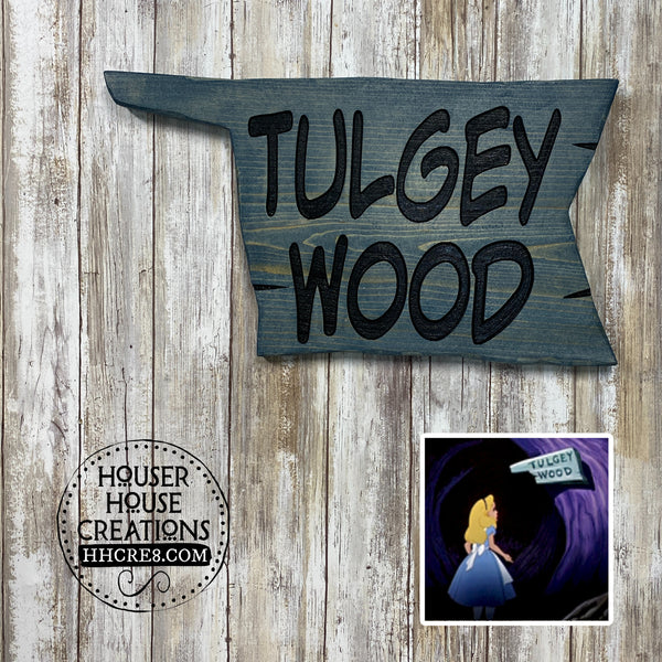 Tulgey Wood Directional Sign from Alice in Wonderland - Carved Pine Wood Wall Hanging