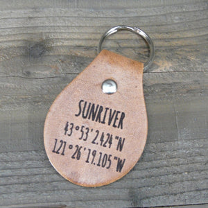 Sunriver GPS Location Happy Place  Leather Key Chain Fob - Or customized with your Location