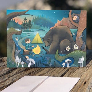 Campfire Bear Boy - Blank Greeting Card - Created by Megan Marie Myers #78