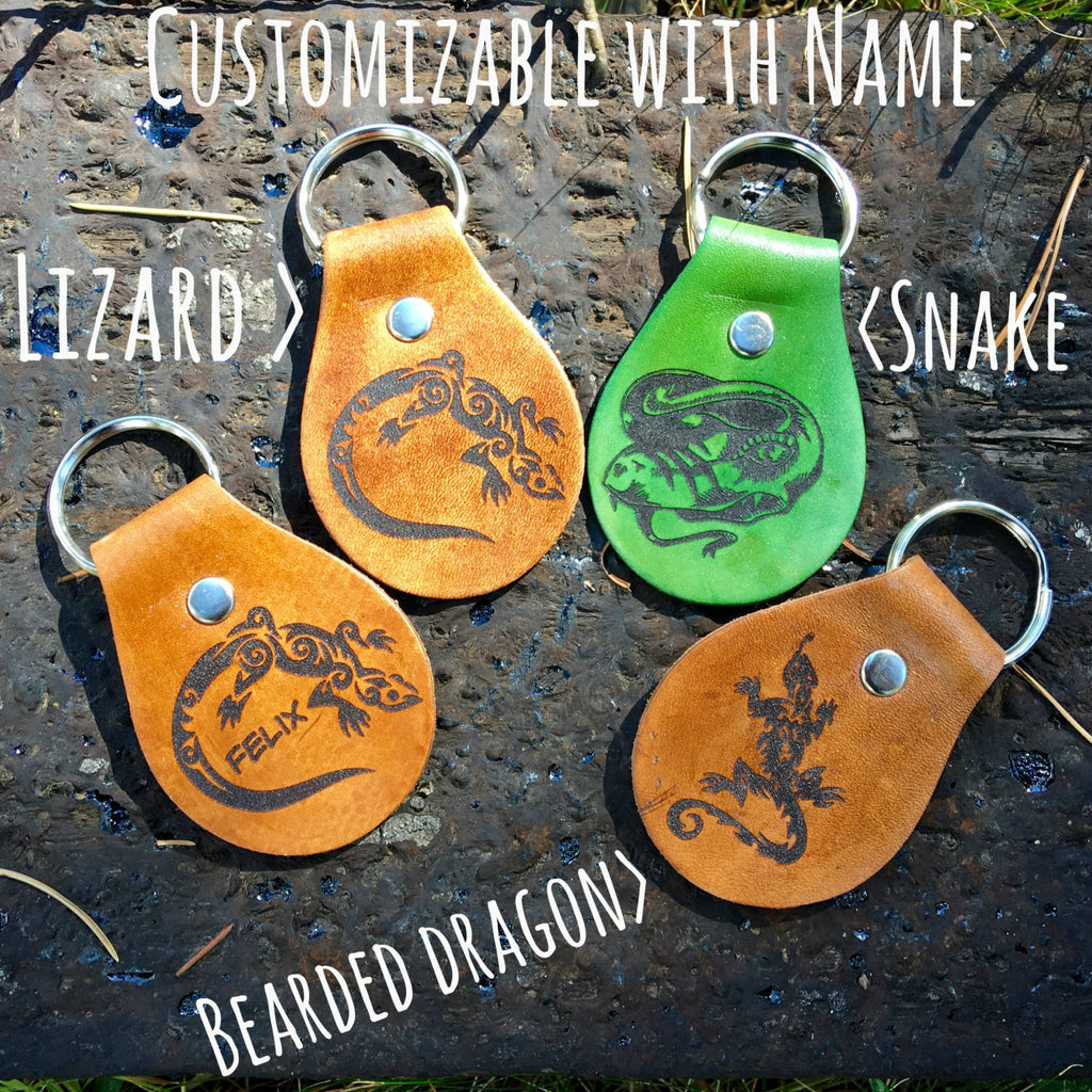 Houser House Creations Lizard Snake Reptile Key Chain Fob Keychain - Engraved Leather - Customizable Green Bearded Dragon
