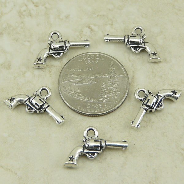 Six Shooter Gun Pistol Charm - Qty 5 Charms - Tierra Cast LEAD FREE Silver Plated Pewter