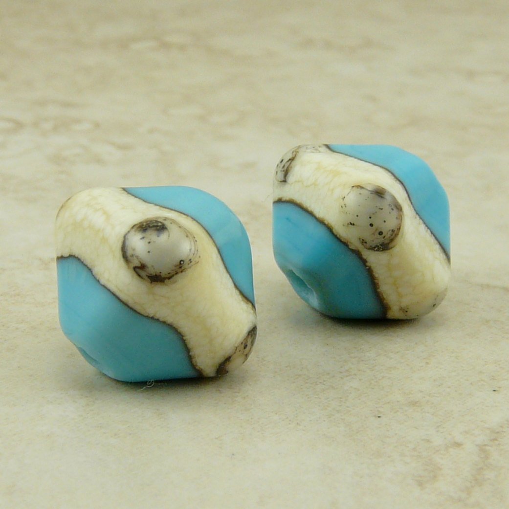 Turquoise and Ivory Crystals - Lampwork Bead Pair by Dragynsfyre Designs - SRA