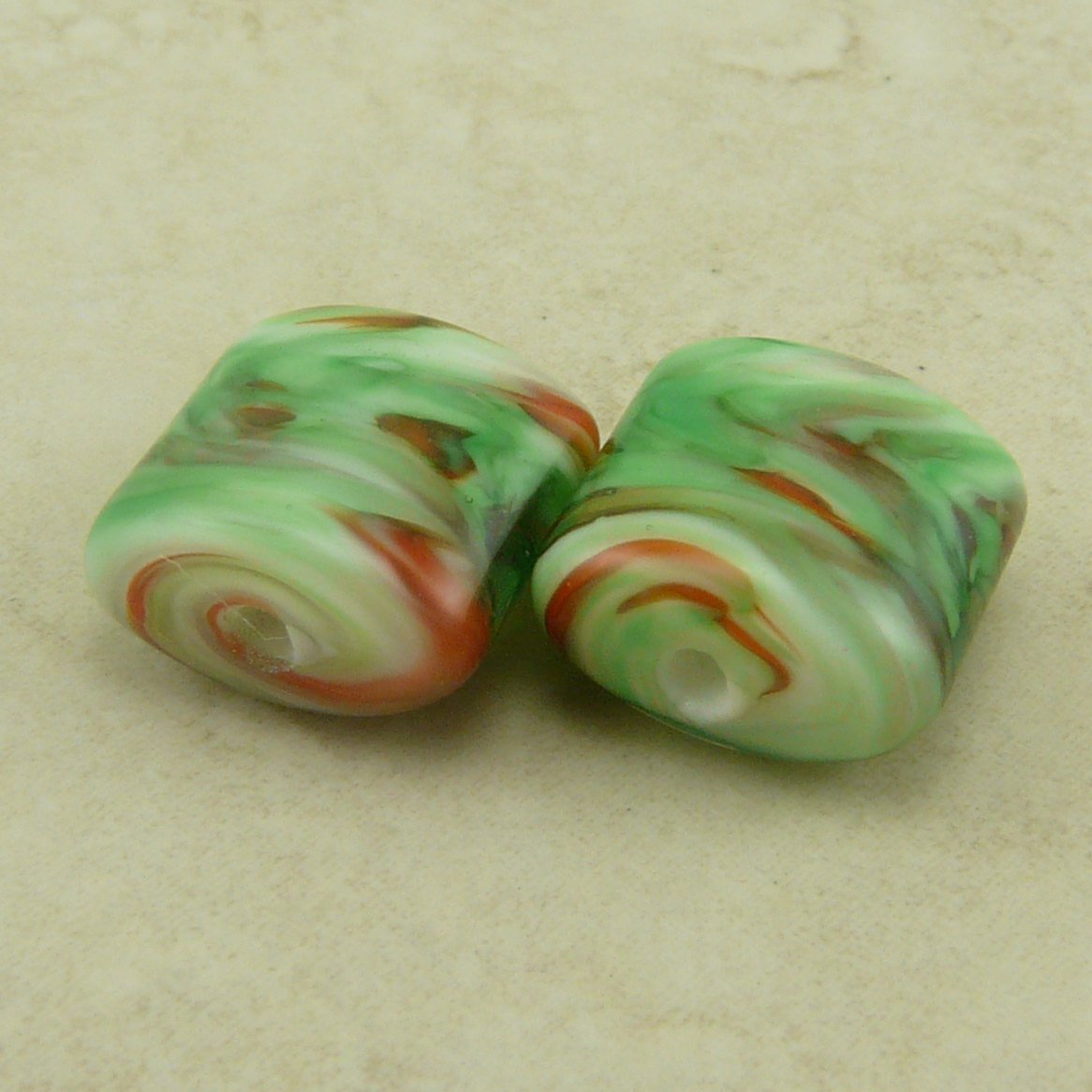Christmas Holiday Colors Green Red White - Lampwork Bead Pair by Dragynsfyre Designs - SRA