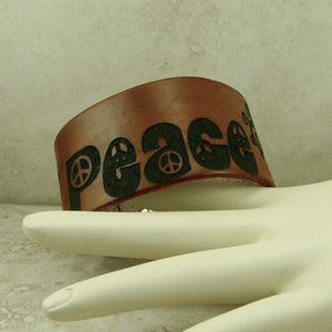 Peace Leather Cuff Bracelet - Laser Burned Adjustable Men Women Double Snap Closure