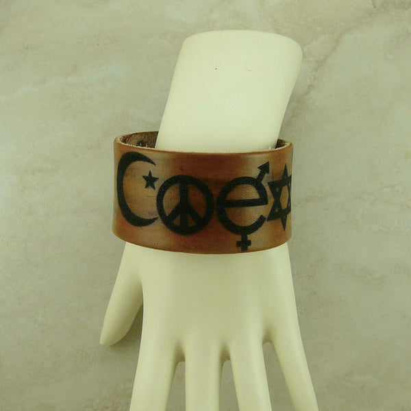 Coexist World Peace Leather Cuff Bracelet - Laser Burned Adjustable Snap Closure