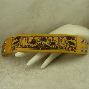 Art Nouveau Flower Leather Cuff Bracelet Laser Burned Adjustable Snap Closure