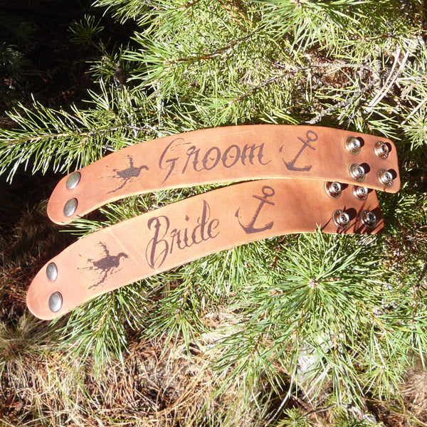 Bride & Groom Tattoo Style Leather Cuff Bracelet - Laser Burned Adjustable Snap Closure