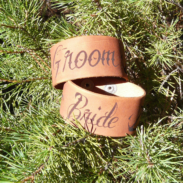 Bride & Groom Tattoo Style Leather Cuff Bracelet - Laser Burned Adjustable Snap Closure