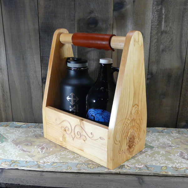Beer Mug & Scroll Double Growler Carrier - As Shown Holds Two 64oz Growler Bottles - Other Sizes Available