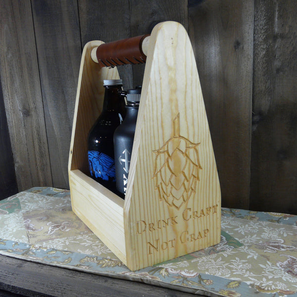 Drink Craft Not Crap Growler Holder Holds 6 22oz Bottle Holder Crate - Carved Pine Wood