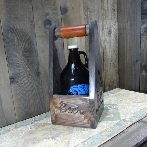 Weekend Brew Mountain Scene Single Growler Carrier Crate - Engraved Pine Wood Leather Grip