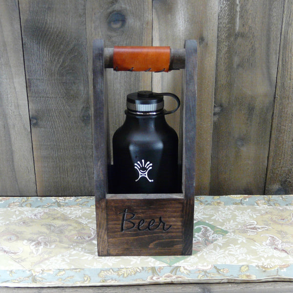 Weekend Brew Mountain Scene Single Growler Carrier Crate - Engraved Pine Wood Leather Grip