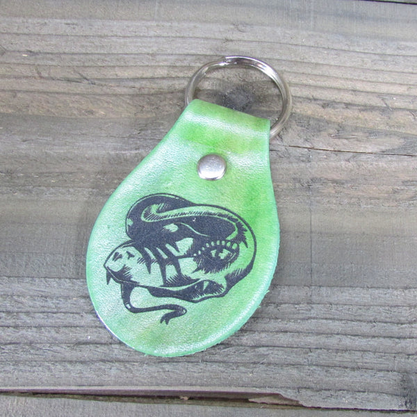 Snake Python Dyed Green Leather Key Chain Fob