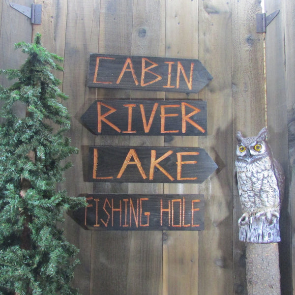 Cabin River Lake Fishing Hole Directional Lawn Ornament Sign - Carved Cedar Wood