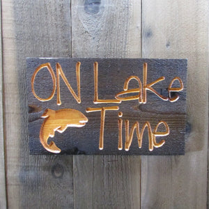 On Lake Time Rustic Weathered Wood Sign - Cabin Decor - Carved Engraved Cedar Wood
