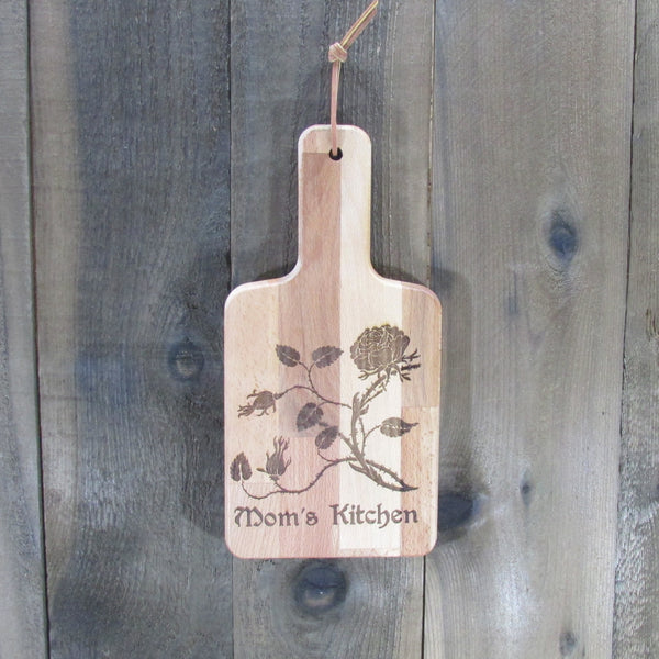 Mom's Kitchen Bamboo Cutting Board Rose Flower Wall Hanging - Laser Engraved Personalize